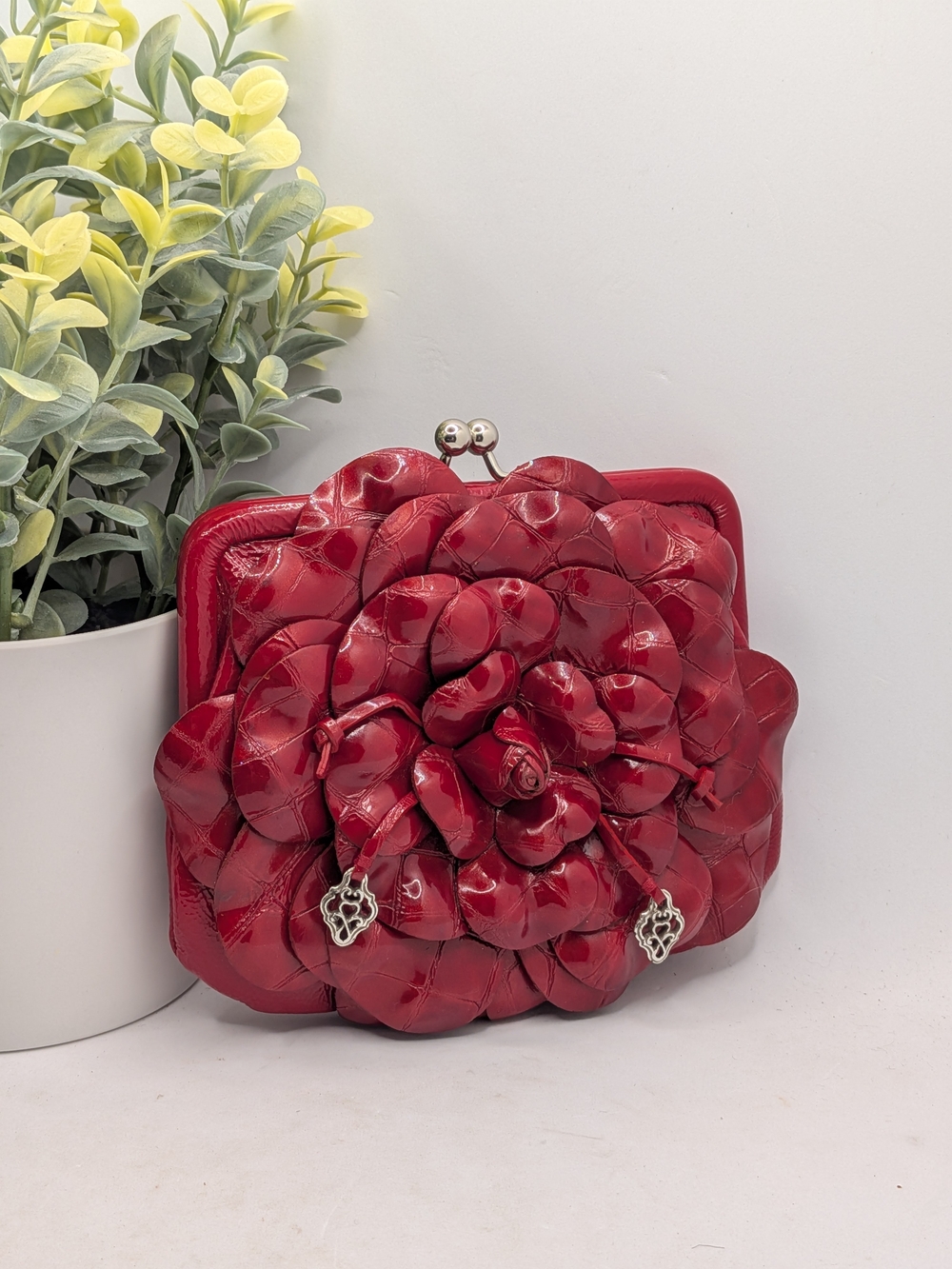 Brighton Red Patent Leather Floral Kisslock Mini Crossbody